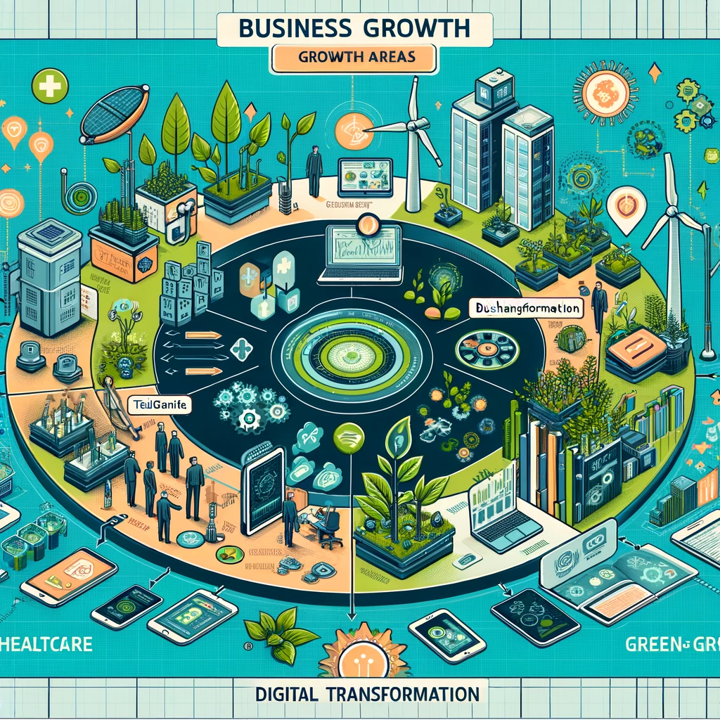An illustration showcasing the importance of business transformation and entry into new fields. The diagram includes an overview of growth areas with specific sections on digital healthcare, green growth, and digital transformation (DX) applications. The digital healthcare section shows telemedicine and health monitoring devices, the green growth section depicts renewable energy sources and eco-friendly technologies, and the DX section illustrates the application of AI and automation in various industries. Each section is clearly labeled and visually distinct for easy understanding.