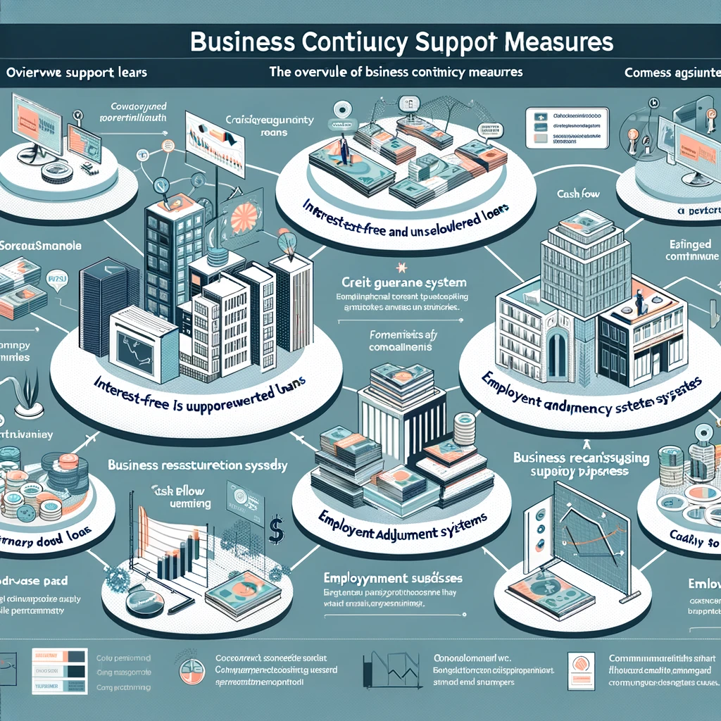 An illustration showcasing the overall structure of business continuity support measures. This includes detailed visuals of various support strategies such as interest-free and unsecured loans, credit guarantee systems, and employment adjustment subsidies. The diagram should be divided into three main sections: 1) Overview of support measures, 2) Diagram explaining cash flow support measures, and 3) Flowchart of the business restructuring subsidy process. Each section should be clearly labeled and visually distinct for easy understanding.