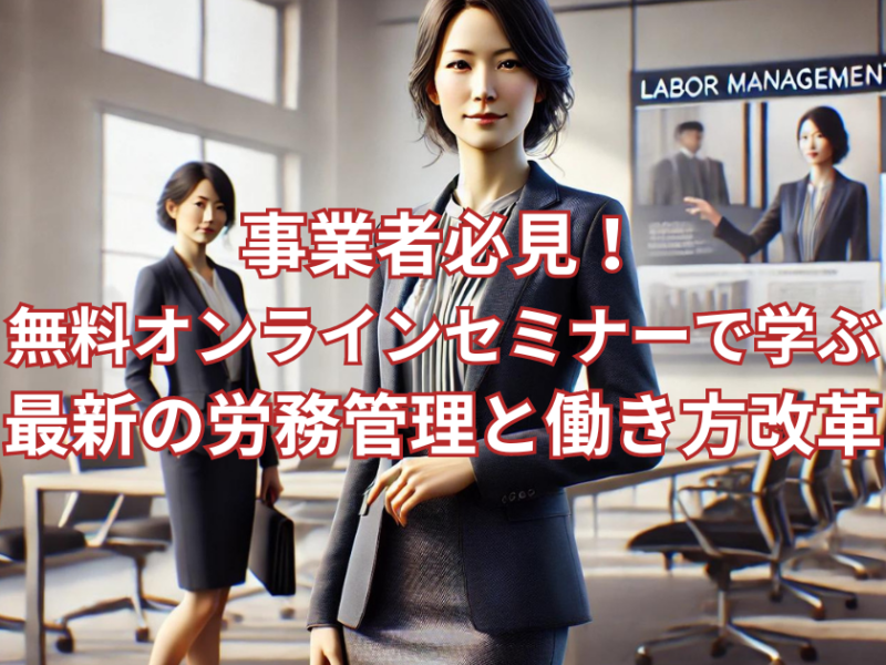 非常に現実的なオフィスのシーン。40代の日本人男性と30代の日本人女性が、労働契約、勤怠管理、給与計算、社会保険、安全衛生に関する書類を確認している。デスクにはデジタルツールと書類が混在し、カレンダーには法令遵守の締め切りが強調されている。背景には労務管理の基本、法令遵守、従業員コミュニケーション、ワークライフバランス、デジタル変革、グローバル化の重要性を要約したポスターが掲示されている。